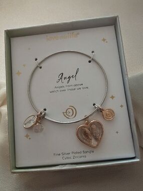 Angel Heart Charm Bangle Bracelet - Rose Gold and Silver